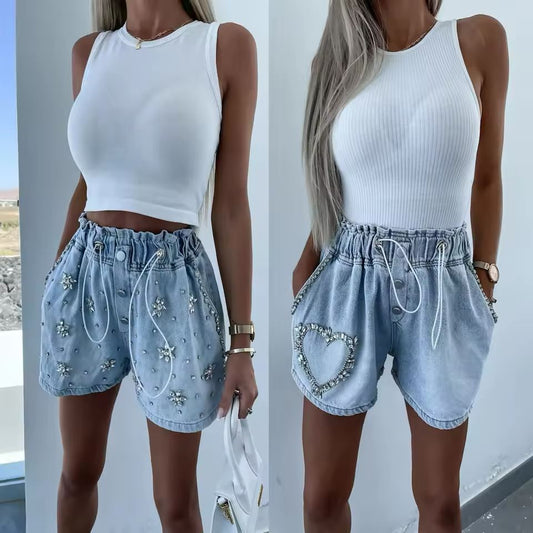 Damen-Jeansshorts mit Glitzersteinen