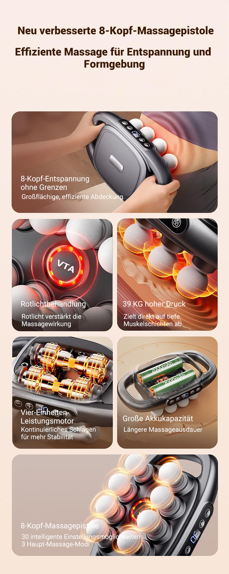 8-Head Massage Gun – Deep Tissue Percussion with Multiple Attachments